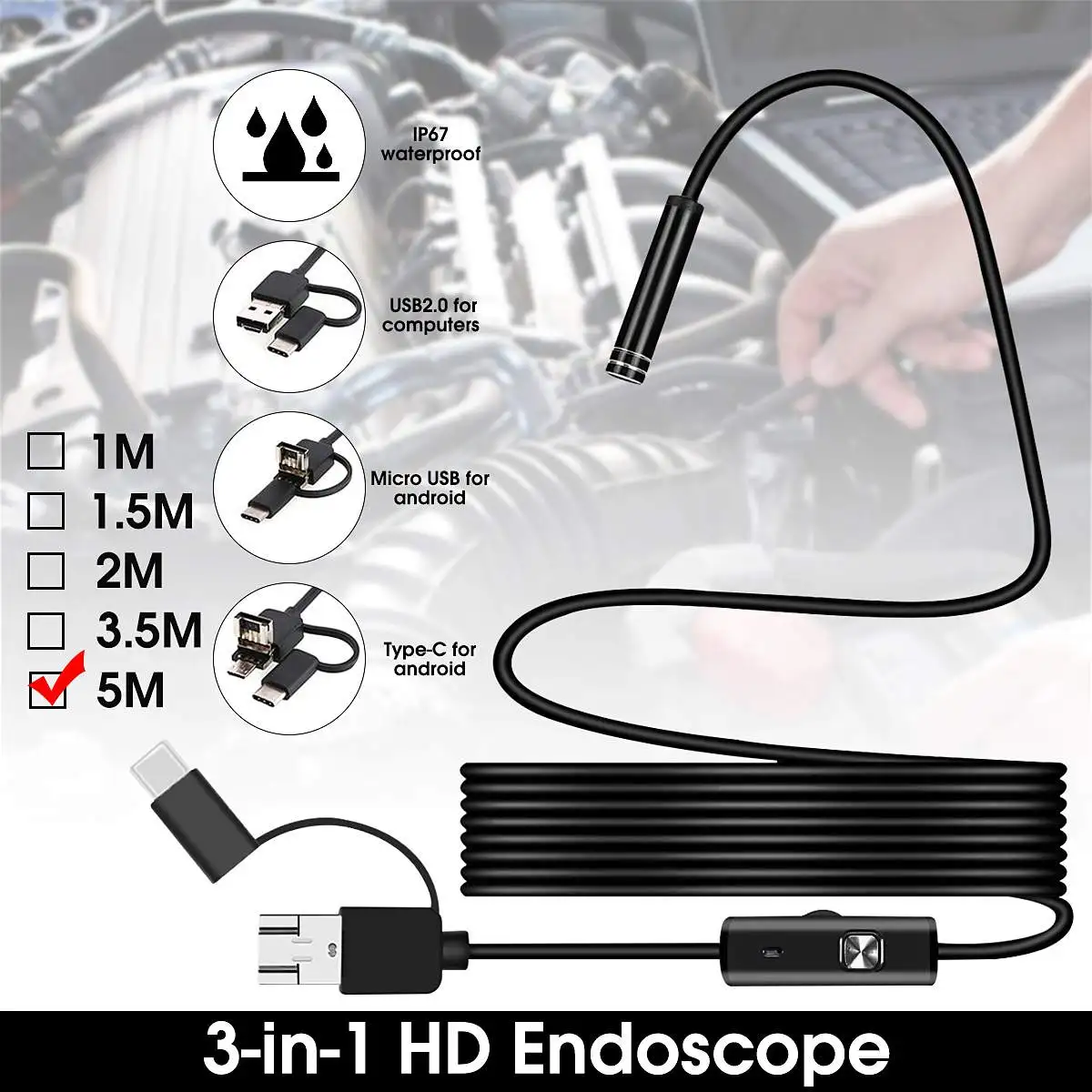 

3 in 1 7mm USB Endoscope 1-5M Micro USB/Type C/ Micro USB Borescope 6LED Flexible IP67 Waterproof Inspection Camera for Android