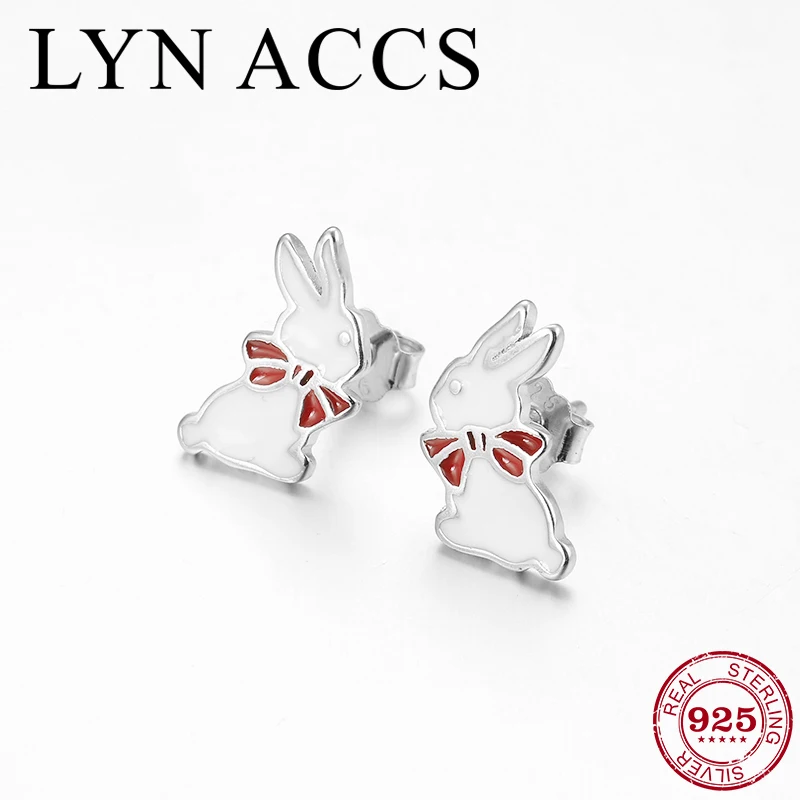 

Red Bow Gentleman rabbit Animal Earrings 2019 New Fashion 925 Sterling Silver white Enamel Stud Earrings For Women Fine Jewelry