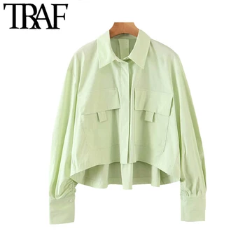 

TRAF Women Fashion Oversized Pockets Cropped Blouses Vintage Lapel Collar Long Sleeve Female Shirts Blusas Chic Tops