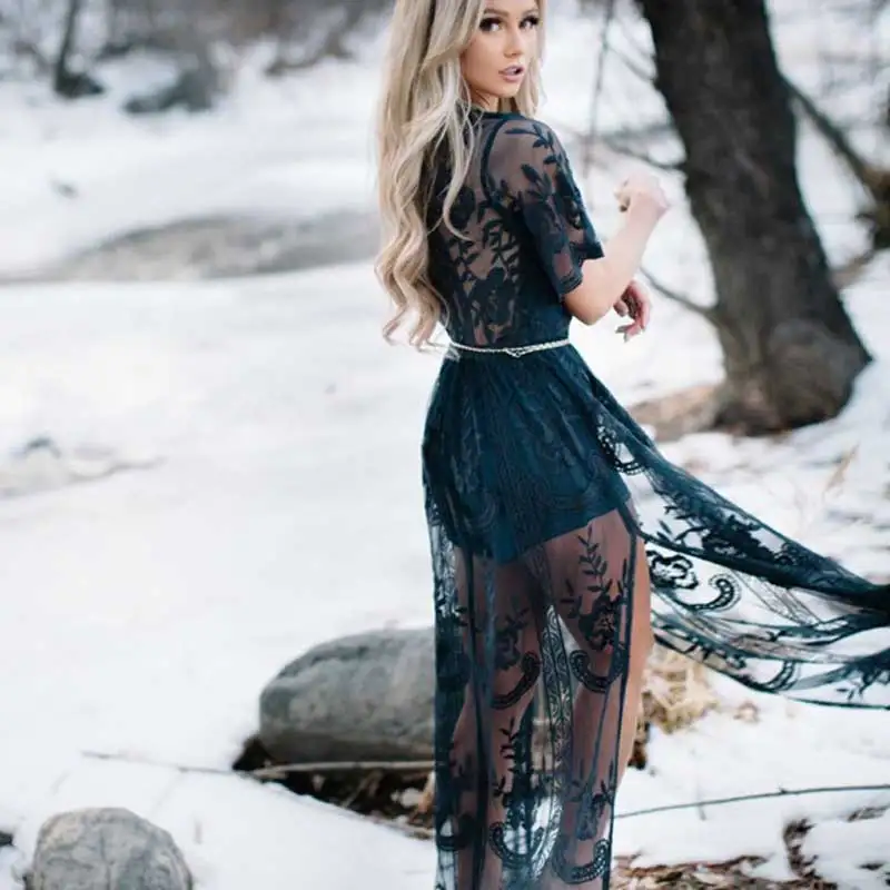 Богемный Вдохновленный Черная Кружевная туника, летнее пляжное платье для женщин с глубоким v-образным вырезом и вышивкой, боковое богемное Платье-туника для женщин