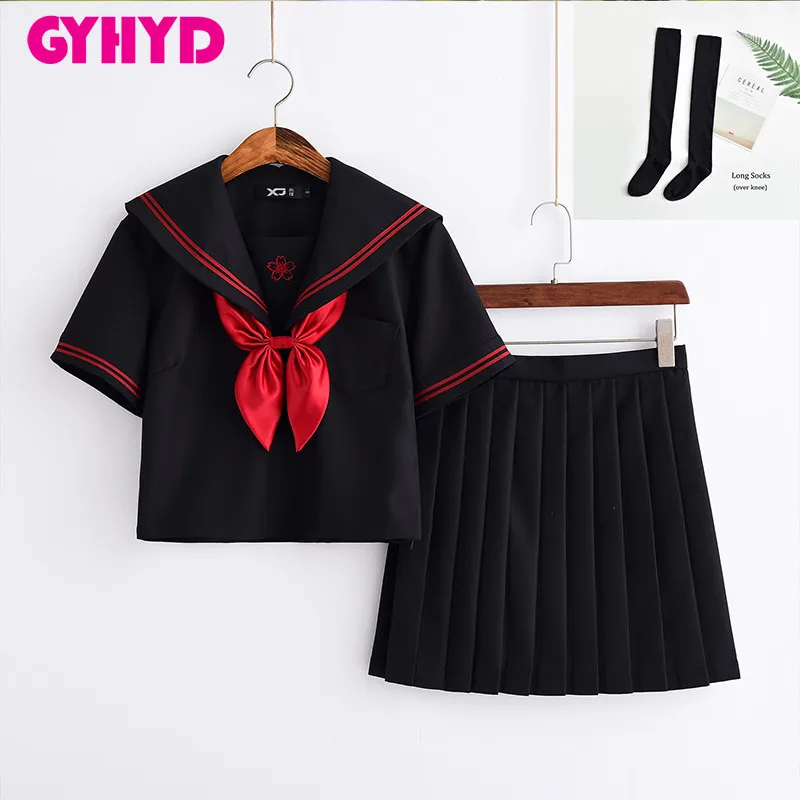 Short Set With Socks Новое поступление черный матросский костюм Школьная форма наборы JK школьная форма s для девочек Sakura костюмы с вышивкой студенческий Косплей - Цвет: Short Set With Socks