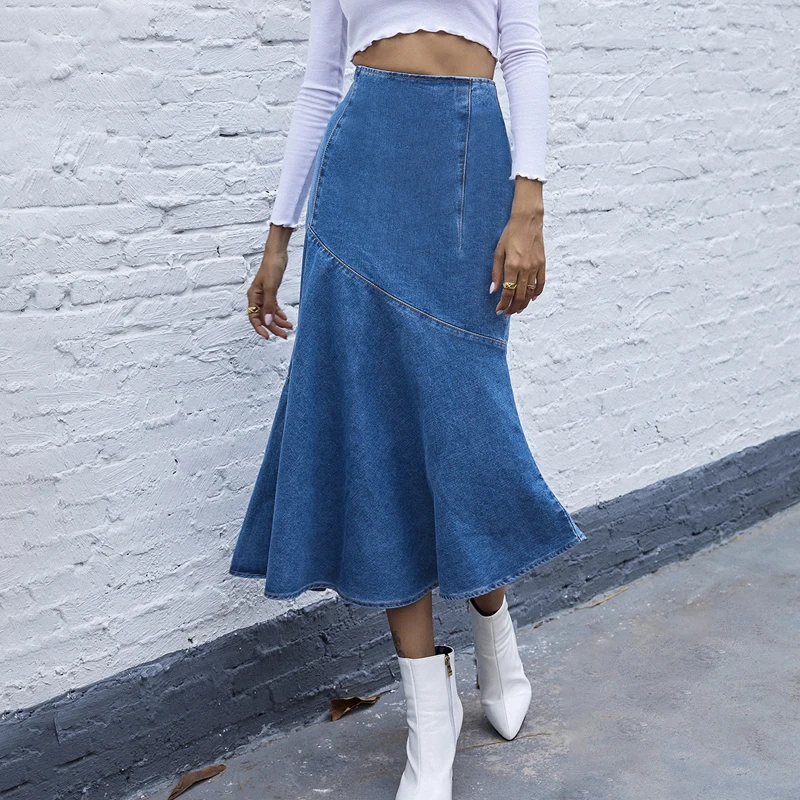 

Blue Long Mermaid Maxi Denim Skirts Women Winter Spring New Long Flared Hem High Waist Slim Ruffle Side Split Jeans Skirts