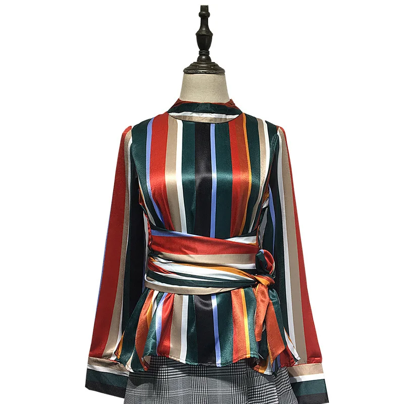 ladies shirts Autumn Korean Chic Full Sleeve Stand Neck Multicolor Stripe Satin Shirt Pullover Belt Sashes Sexy Blouse Women's Female A089 women's denim shirts & tops