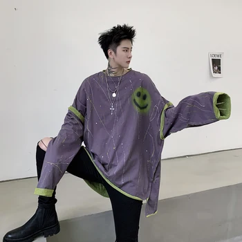 

2019 Autumn And Winter New Hole Digital Printing Round Neck Sweatshirt Fashion Casual Loose Long Sleeve Pullover Purple / Black