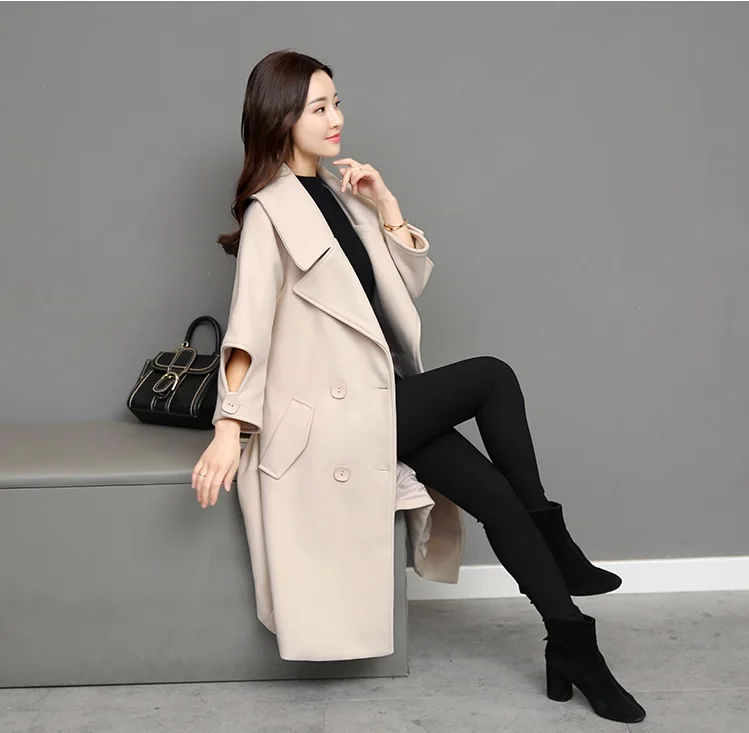 UHYTGF, Осеннее зимнее шерстяное пальто, женское двубортное приталенное пальто, чистый цвет, дикие темпераментные повседневные пальто размера плюс 470