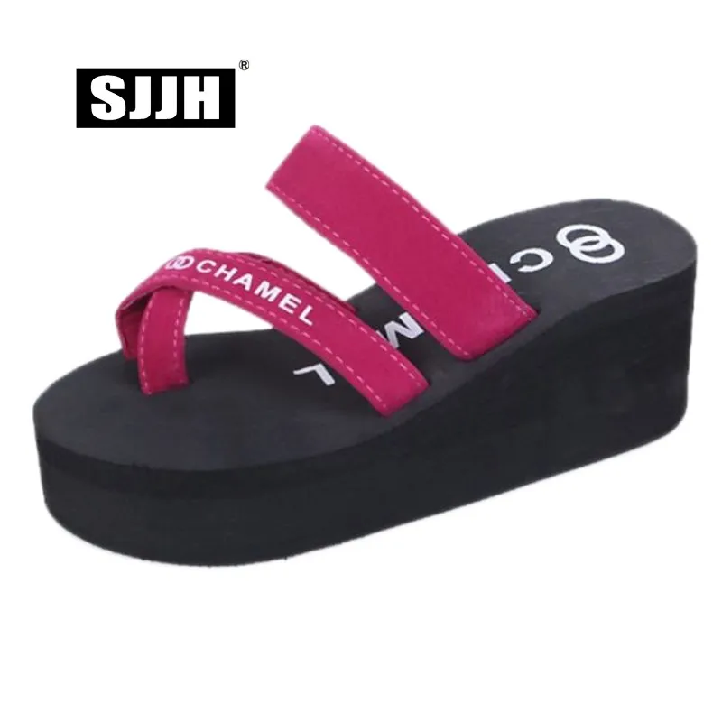 SJJH Woman Summer Slides Wedges Sandals Flock Footwear Platform Outdoor Toe Slippers Fsahion Casual Shoes A1359
