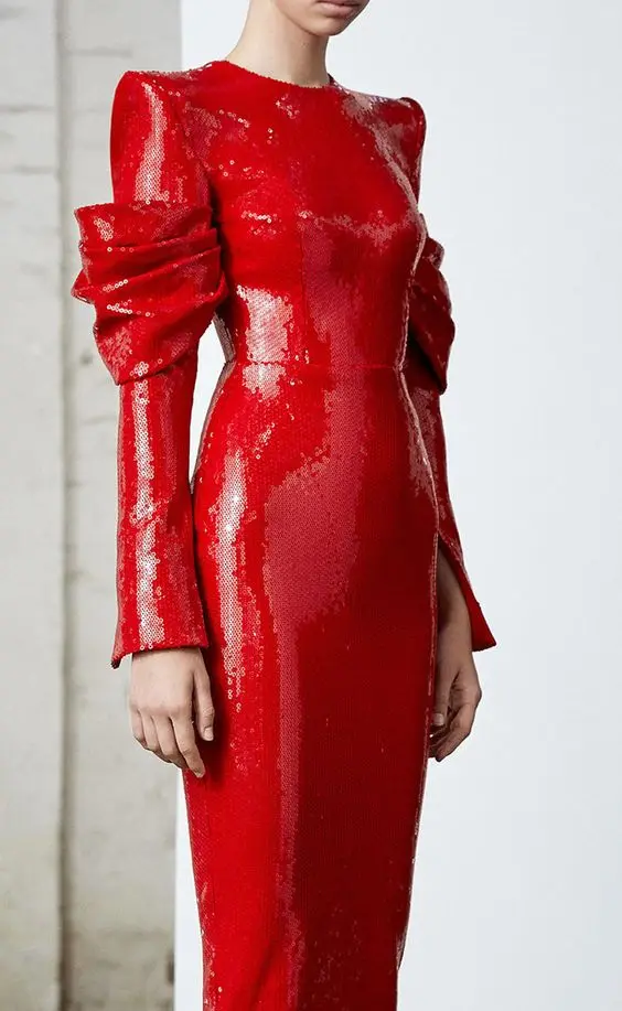 Знаменитостей Новое поступление красное блестящее платье с длинным рукавом облегающее вечернее платье