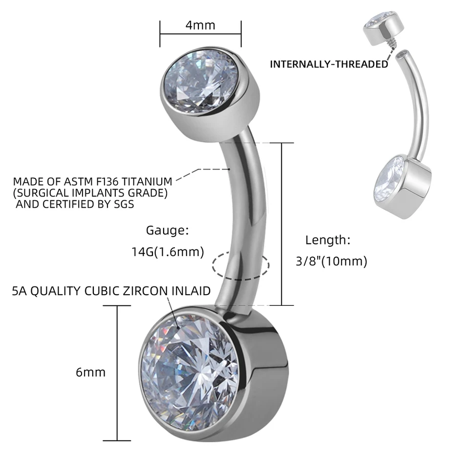 OUFER 14G 8/10/12/14/16 Mm Piercing De Nombril Avec Filetage Interne En Titane G23 Bijoux De Nombril En Forme De Cœur Bijoux Pour Femme, 14G12mm, Titane, Zircon Cubique