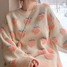 

Deeptown Kawaii Jacquard Beige Women's Sweater Sweet Girls Oversize Print Knitted Jumper Female Korean Fashion Clothes Pullover