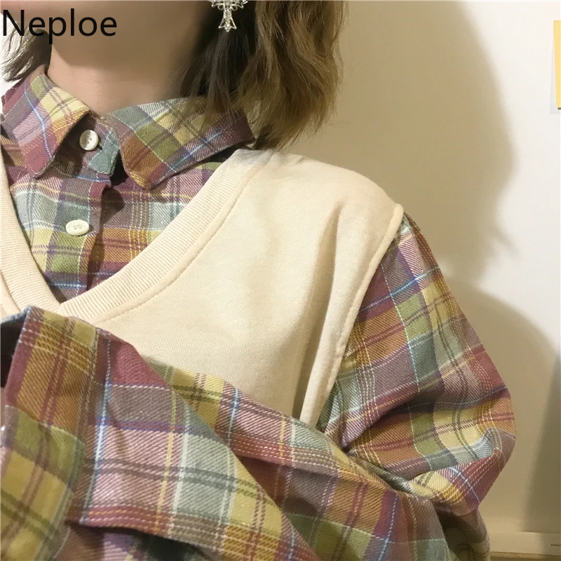 Neploe Новая мода Свободные Поддельные 2 шт. толстовки Женская клетчатая блузка лоскутный пуловер джемперы с длинным рукавом Толстовка Топы 56534