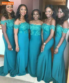 

Fashion Blue Mermaid Bridesmaid Dresses Off Shoulder Lace Applique Long Wedding Guest Dress Custom Africa Girl Bridesmaids Gowns