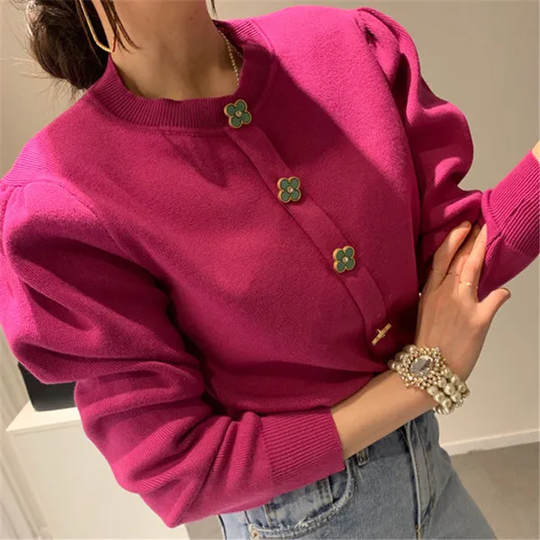 rose red RUGOD, новое весеннее поступление, женский свитер, кардиган с круглым вырезом, с пышными рукавами, на пуговицах, Вязанное пальто, модное, винтажное, женское - Цвет: rose red