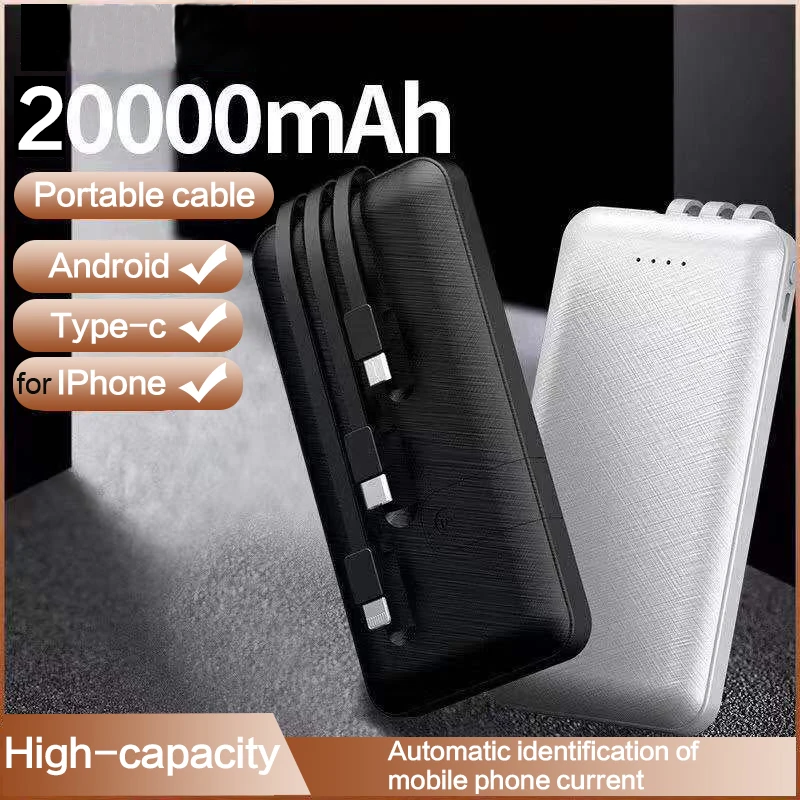 Внешний аккумулятор 20000 мАч, быстрая зарядка, внешний аккумулятор, встроенный в 3 кабеля, внешний аккумулятор для iPhone 11 Xiaomi Mi, повербанк