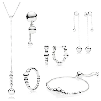 

NEW 100% 925 Sterling Silver New String of Beads Collection Ring Hoop Earrings Necklace SLIDING BRACELET Hanging Charm