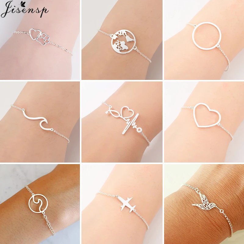 Pulseras de acero inoxidable a moda para mujer, brazalete de cadena ajustable, Simple, mapa del mundo, brazaletes de pata de corazón, regalo de amistad|Brazaletes de cadena y enlaces| - AliExpress