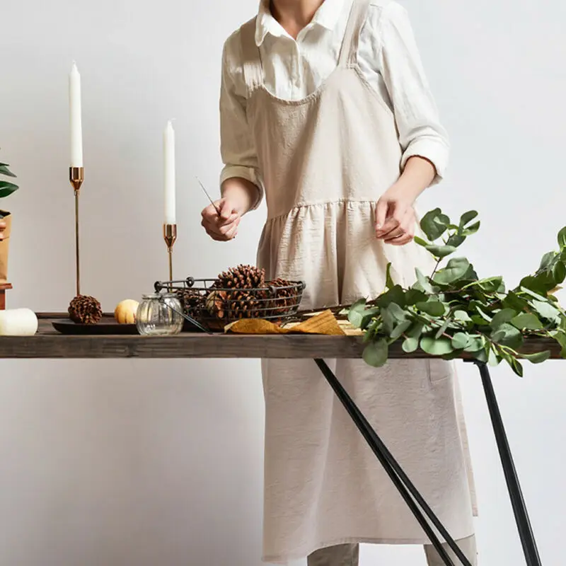 Women Cotton Linen Cross Back Apron Japanese Housework Baking Wrap Florist Dress