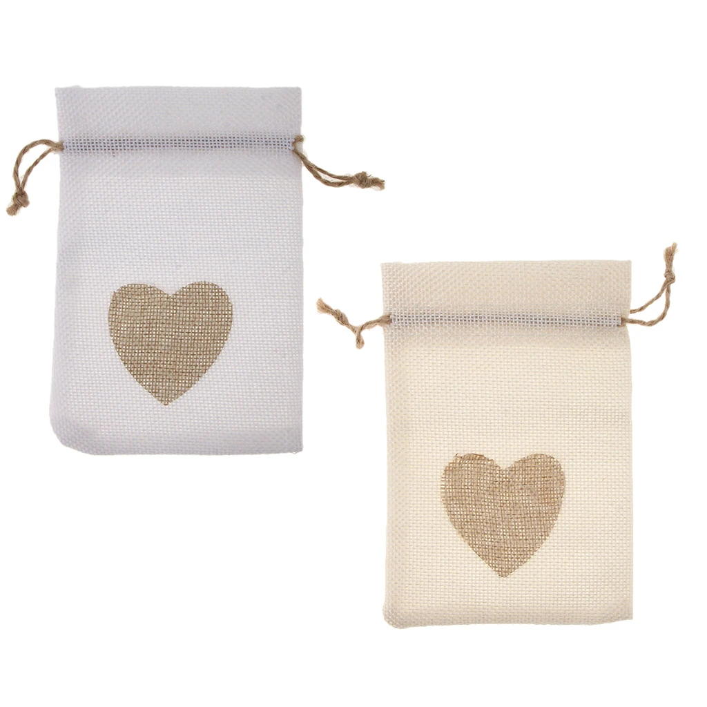 10 PCS Natural Burlap Jute Drawstring Pouches with Love Heart Print Party Wedding Favor Gift Bags - 10x15 cm / 4x6 inch