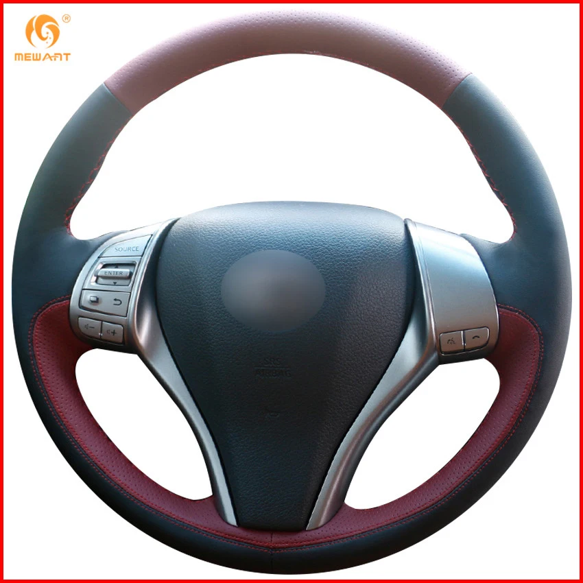 Mewant Wine Red Leather Black Leather Steering Wheel Cover For Nissan