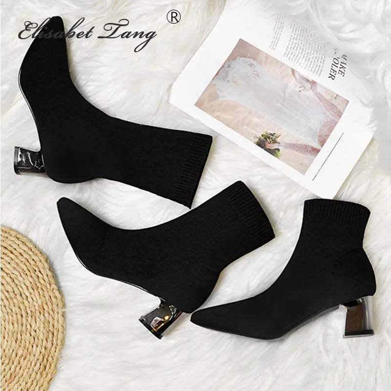 

Elisabet Tang 2019 Boots Women Stretch Fabric Pointed toe Ankle boots High heels Basic Slip On High Boots Sexy Pumps Women Shoes