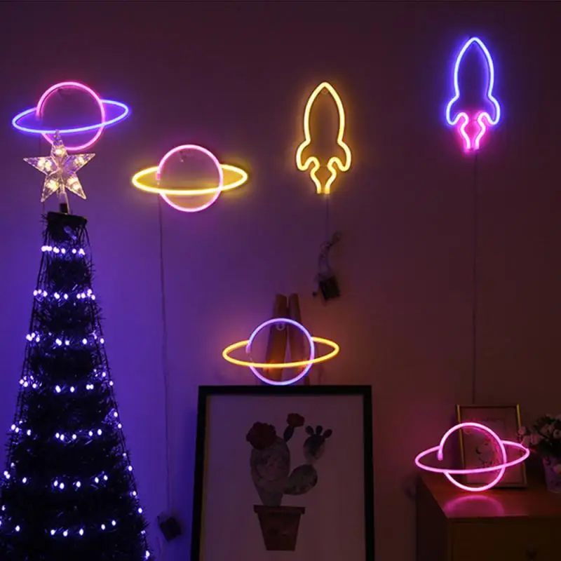LED Neon Lamp Elliptical Planet Shaped Sign Light Battery Powered Home Decorative Wall Party Room Lighting Decoration | Лампы и