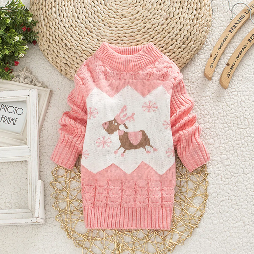 Toddler Baby Girls Christmas Deer Print Winter Warm Sweater Infant Kids Girl Knit Crochet Tops Girl Long Sleeve Fashion Sweater