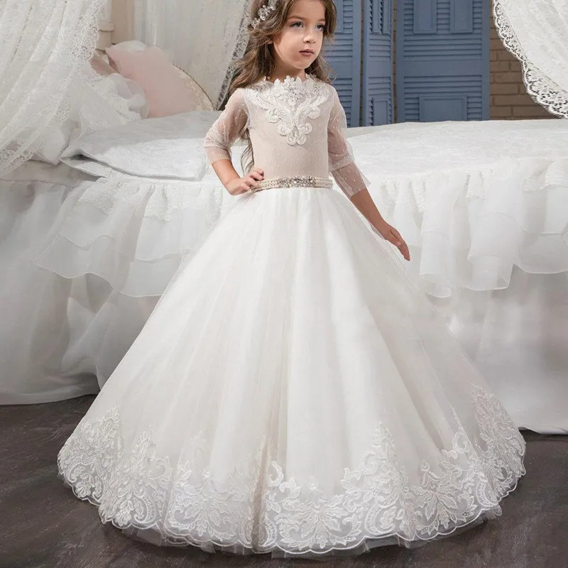 Lace Flower Girl Dresses for Wedding Pearls Wasit Jewel Neck Infant Toddler Baby Kids | Свадьбы и торжества