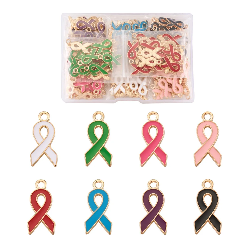 

160Pcs 8 Colors Alloy Enamel Pendants Cadmium Free Lead Free Awareness Ribbon Shape Light Gold Plated 20x10x2mm Hole 2mm