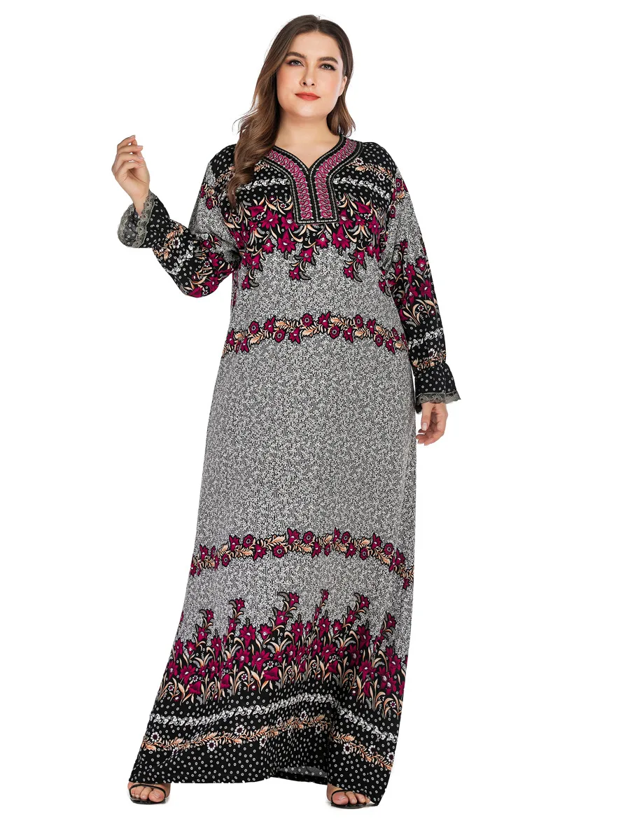 С цветочным узором в стиле ретро; обувь с Винтаж мусульманское длинное платье, Роба туника плюс Размеры Макси платье кафтан Абаи Дубай платья Хиджаб Арабский исламский Костюмы