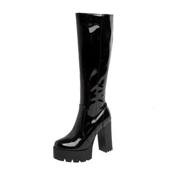 

2020 New Super High Heel Waterproof Platform Knight Boots! Red High Block Heel Patent Leather Platform Knee Boots Short Plush