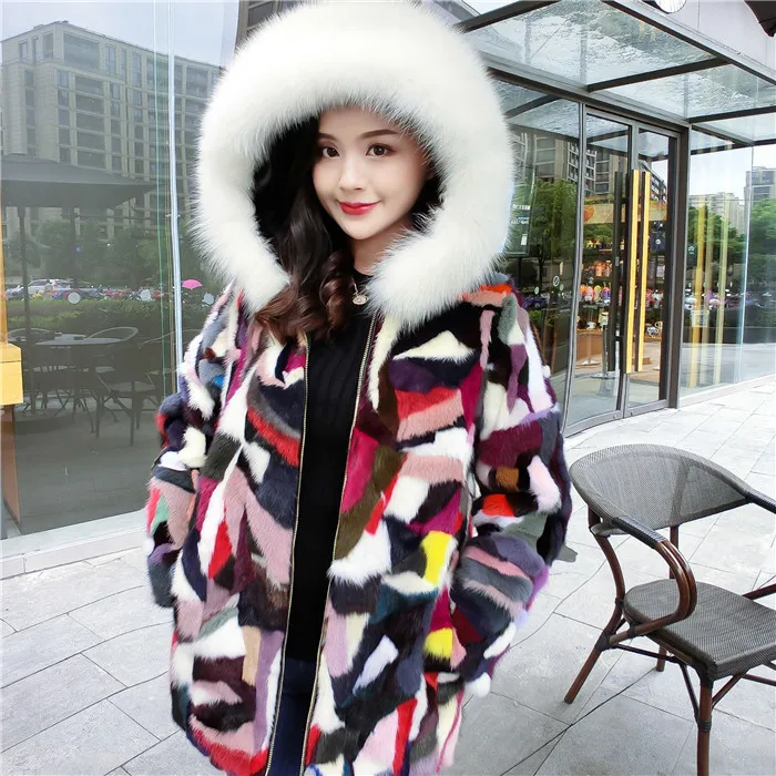 

Free shipping.winter thick warm women genuine mink coat,patchwork real jacket.fashion lady Fox fur collar long overcoat