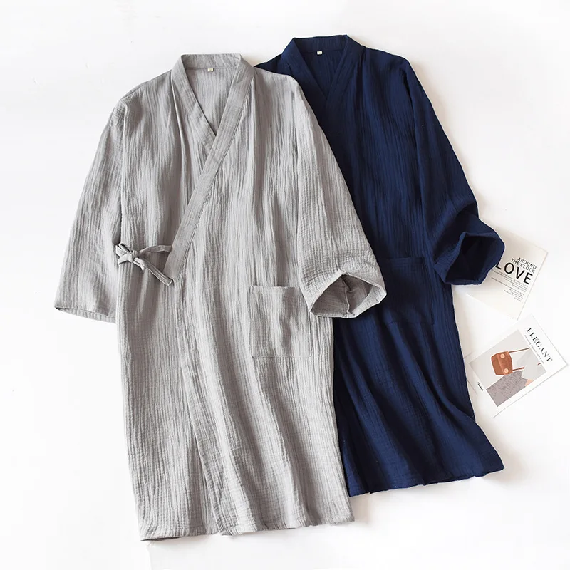 

Autumn 100% Cotton Crepe Robes Women Thin Japanese Kimono Bathrobe Solid Half Pijamas Sleep Tops Loose and Soft Dressing Gown