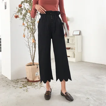 

2020 Spring Summer Retro Black Fringe Raw Edge Jeans Notched Wide Leg Pants Cropped Pants Streetwear Straight Pants
