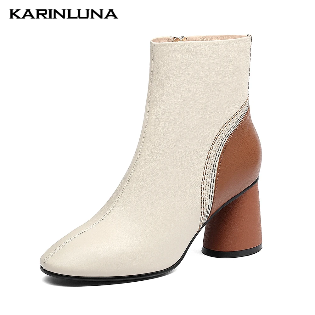 Karinluna/Роскошные элегантные ботинки из натуральной кожи; женские ботильоны; коллекция года; женская обувь на высоком каблуке; большие размеры 43