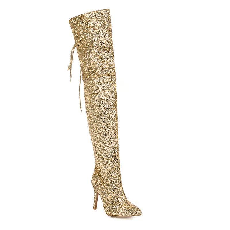 Женские Блестящие Зимние Сапоги выше колена; женские сапоги на высоком каблуке с острым носком; шикарные сапоги до бедра; вечерние сапоги; размер 48 - Цвет: gold boots