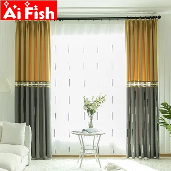 

Modern Gary-yellow Embroidery Stitching Window Curtain For Living Room Luxury Curtain Finished Customization Panel MY218-40