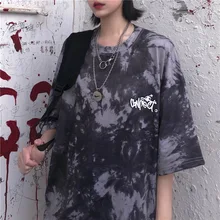 Vintage novedad de verano tie-dye divertido punk dibujos y letras de gran tamaño casual suelto moda ins tops tees mujeres Ulzzang Harajuku camiseta