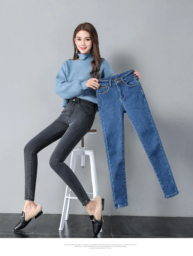 Новинка, зимние джинсы для девушек, Корея, высокая талия, плюс бархат, обтягивающие джинсы, уличная одежда в ковбойском стиле, плотные теплые зимние штаны
