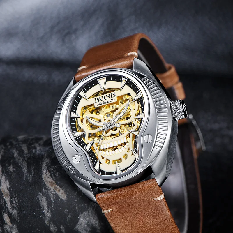 Мужские механические Автоматические часы PARNIS дизайнерские скелетоны с