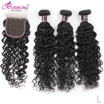 

Bouncing Human Hair Weft Water Wave With 4X4 Swiss Lace Closure 100% Peruvian Remy Hair 3 Bundles Hair Extension Color 1B