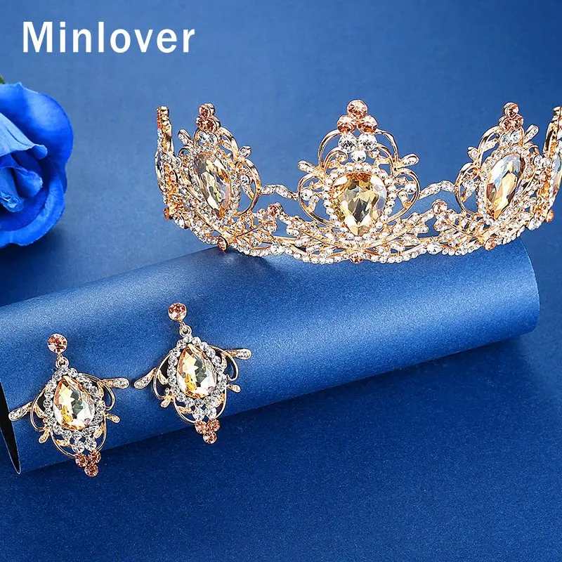 Золотое шампанское Minlover свадебная корона королевская свадебная диадема королева с висячими серьгами пышная головная повязка принцесса украшение для волос ювелирные изделия HG194 - Окраска металла: Золотое шампанское