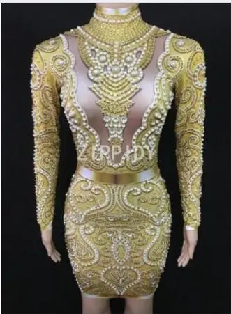 gold dress Модные черные серые стразы жемчуг Длинные рукава платье Сексуальная спандекс Женская одежда для пения день рождения, празднование вечернее платье - Цвет: gold dress