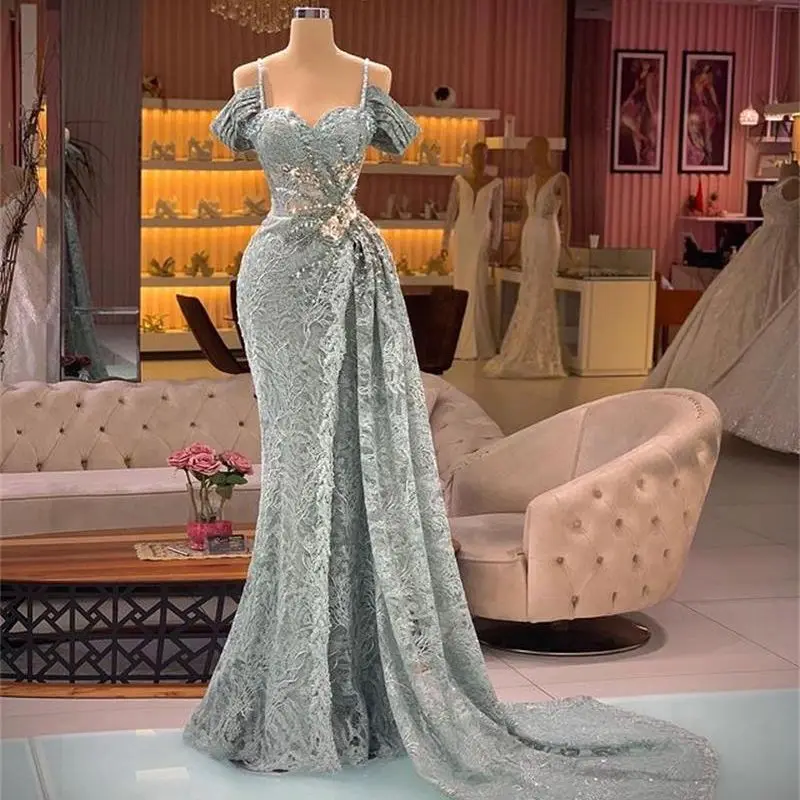 

Lace Mermaid Prom Dresses Appliqued Beaded Long Train Evening Formal Wear Party Gowns Custom Made