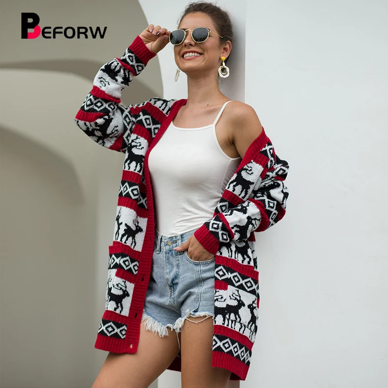 

BEFORW 2019 Fashion Women Reindeer Pattern knitted Oversized Cardigan Sweater Fall Winter Loose Christmas Sweaters Cardigans