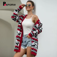 BEFORW 2019 Fashion Women Reindeer Pattern knitted Oversized Cardigan Sweater Fall Winter Loose Christmas Sweaters Cardigans dark grey embroidery pattern lantern sleeves knitted cardigans