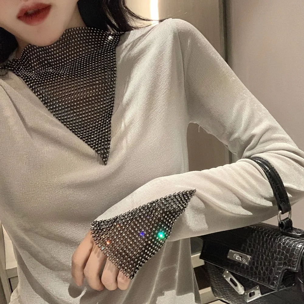WHITNEY WANG футболка Весенняя модная уличная одежда прозрачная Бриллиантовая сетка Лоскутная бархатная футболка женская футболка Женские топы