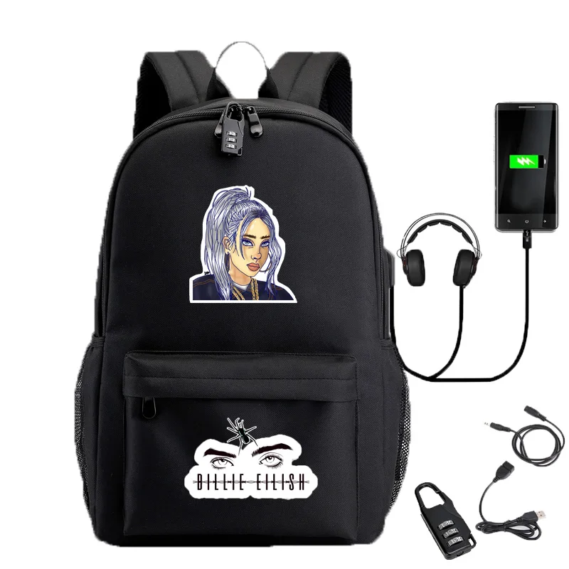 C IMIDO Billie Eilish рюкзаки для студентов с противоугонным замком зарядка через Usb для подростков дорожная сумка для мальчиков и девочек рюкзак на плечи - Цвет: C
