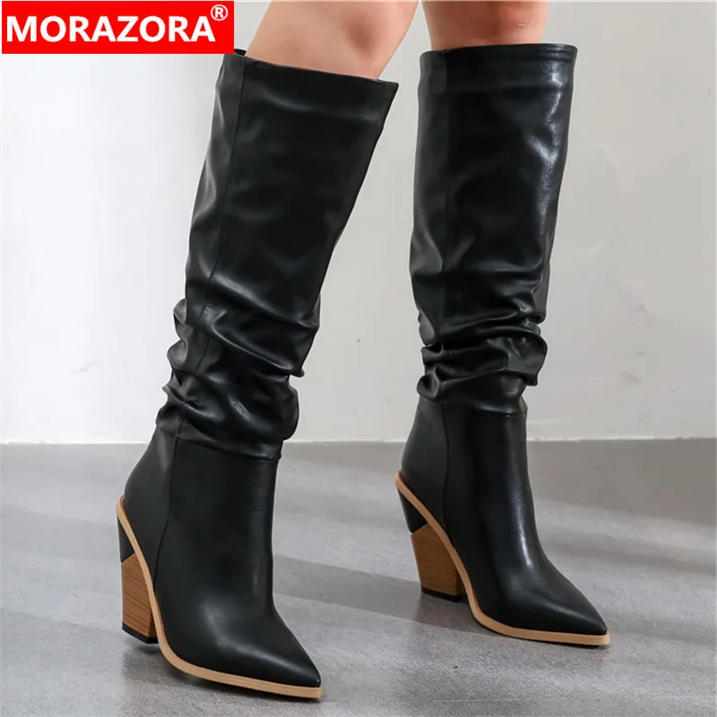 MORAZORA 2021 Hot Brand knee high boots women pointed toe thick heels autumn winter solid colors dress shoes woman | Обувь