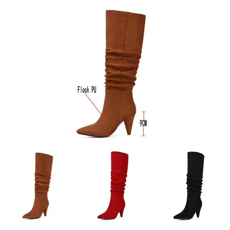 Красные, коричневые, черные сапоги до колена на каблуках с острым носком; женские сапоги; модные замшевые сапоги до колена; зимняя женская обувь;