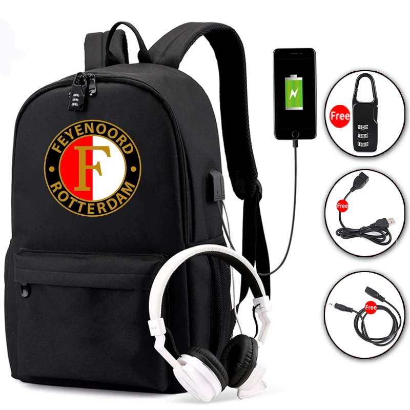 Черный Рюкзак Feyenoord для подростков с зарядкой от usb и защитой от краж, рюкзак для мальчиков и девочек, школьная сумка - Цвет: Черный