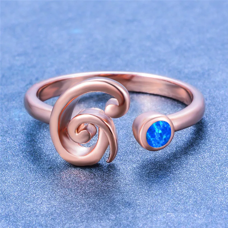 Cute Female G Letter Open Adjustable Ring Boho Small Blue White Opal Wedding Rings For Women Rose Gold Round Engagement Ring